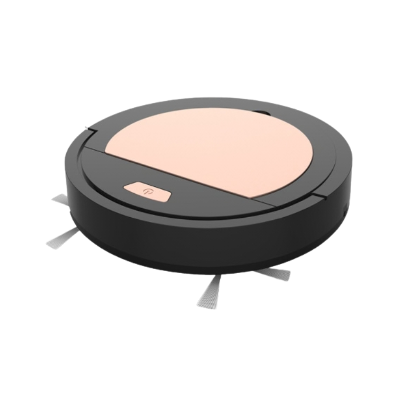 Robot aspirapolvere automatico domestico ultra-sottile, corpo nero con top rosa e pulsante di avvio.