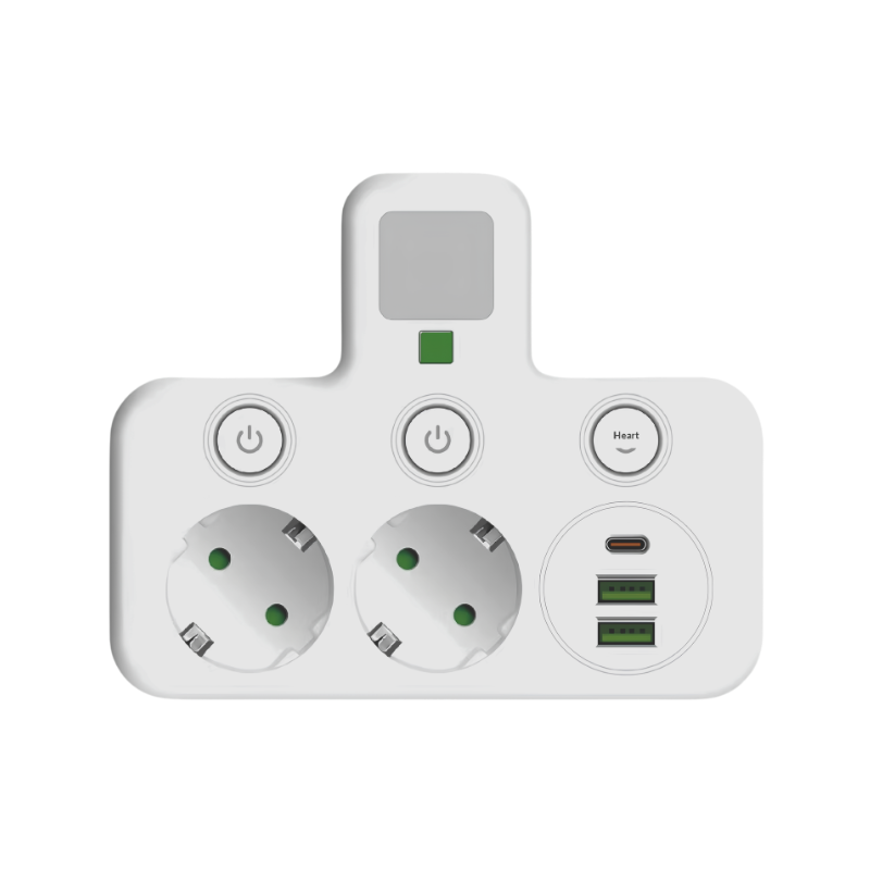 Adattatore di corrente bianco con 2 porte Schuko, USB-C, USB rapido e interruttore individuale, certificato UE.