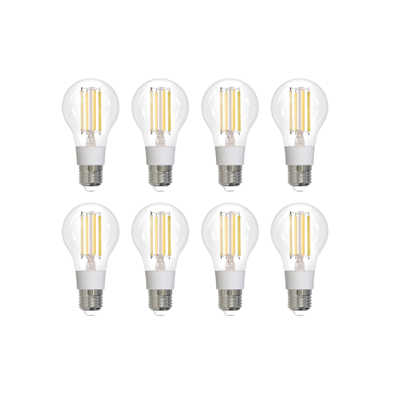 Conjunto di 8 lampadine Smart LED ZigBee E27 a filamento, dimmerabili e regolabili per temperatura colore tramite app TUYA e comandi vocali.
