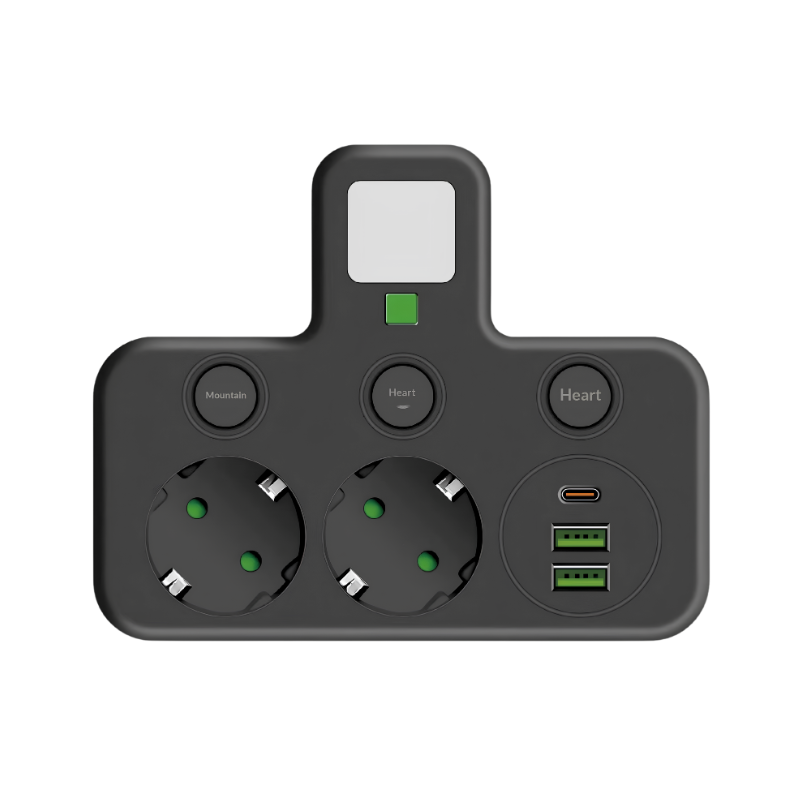 Adattatore di corrente nero con prese UE, USB veloce, pulsante d'accensione e certificazione CE.