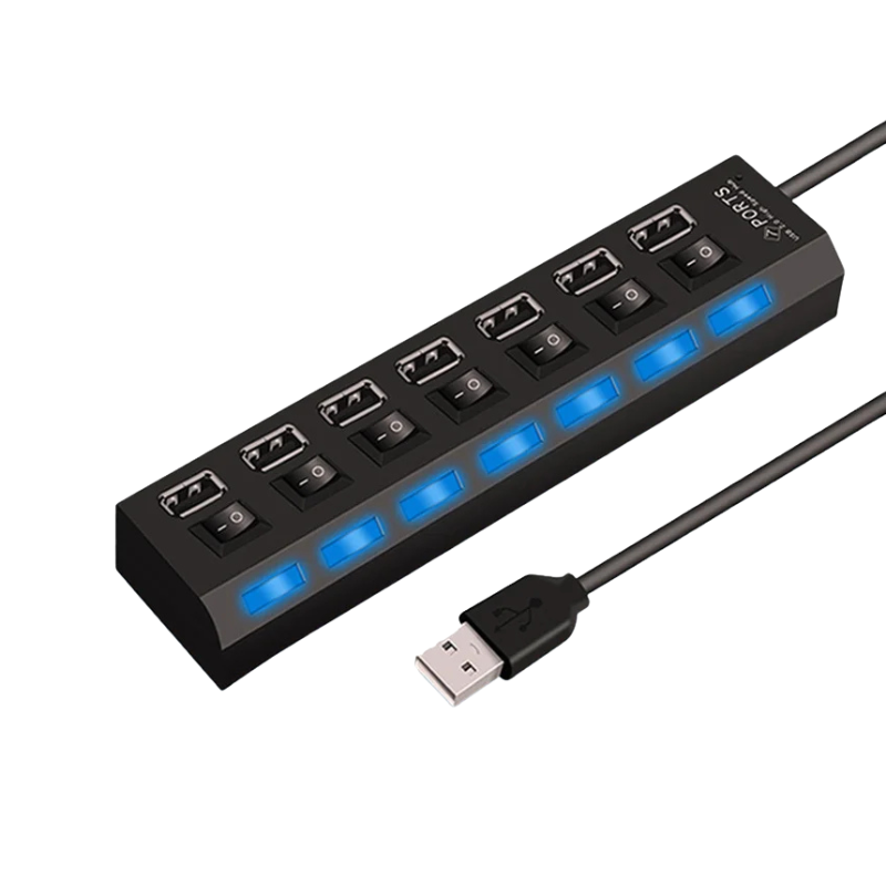 Hub USB 2.0 nero a 7 porte con LED blu e switch individuali. Adattatore espansore per PC e laptop, ideale per la trasmissione dati.