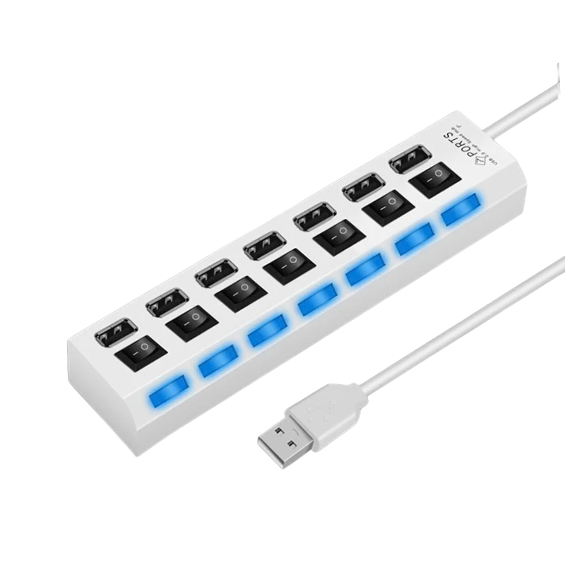 Hub USB 2.0 bianco con 7 porte, interruttori individuali e indicatori LED blu. Adapter espansione dati per PC e laptop.