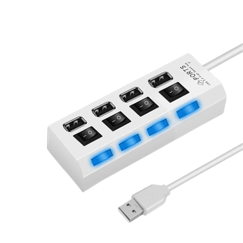 Hub USB 2.0 bianco con 4 porte, switch individuali e lucchetto LED blu per espansione dati su PC e laptop.