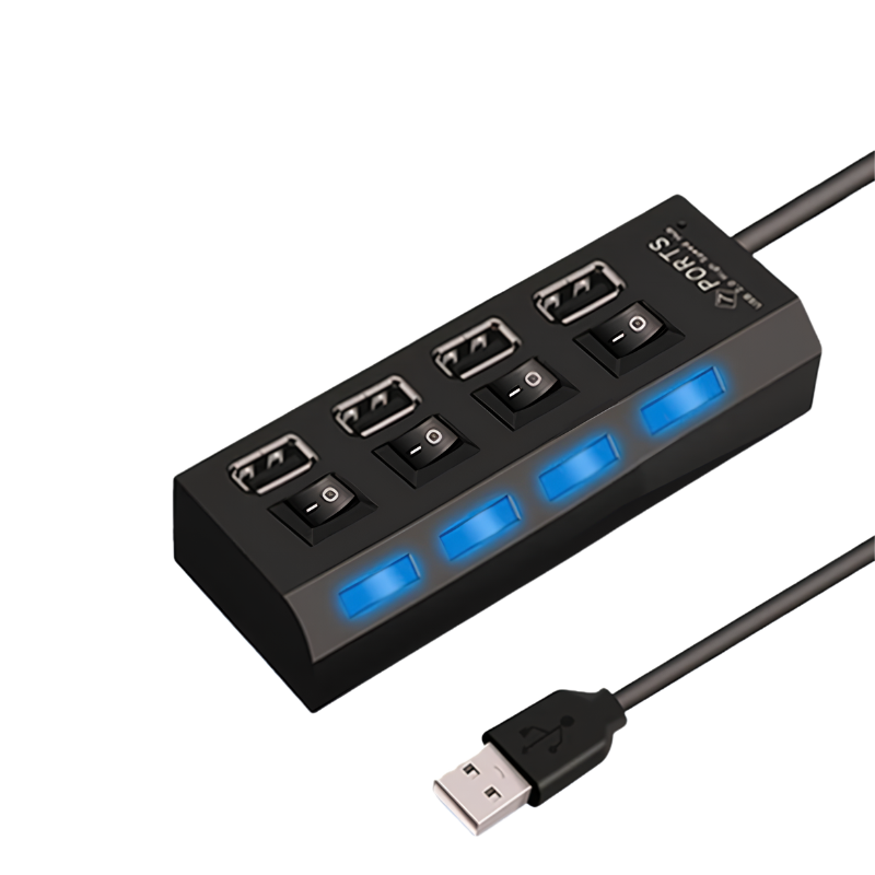 Hub USB 2.0 nero a 4 porte con LED blu e pulsanti di controllo individuali per trasferimento dati su PC e laptop.