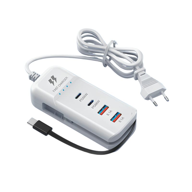 Striscia di ricarica bianca multiporta con porte PD66W, USB e cavo Type-C integrato per ricarica rapida.