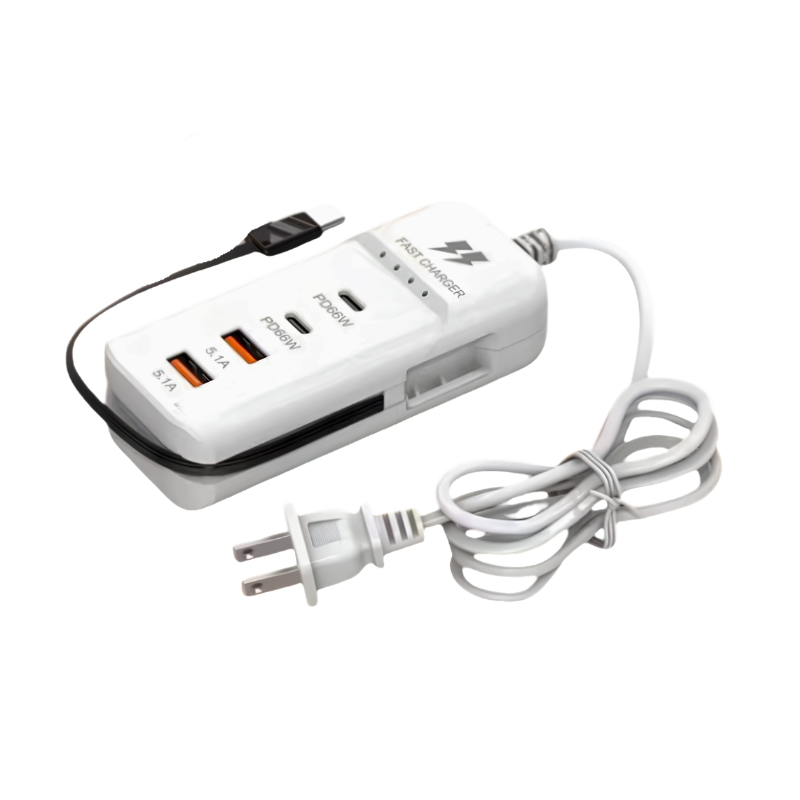 Doppia presa bianca con caricatore multiporta PD 66W, porte USB e cavo Type-C integrato per ricarica rapida.