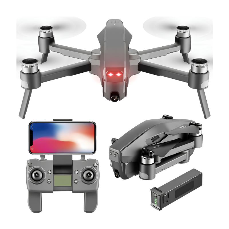 Drone GPS brushless pieghevole con radiocomando 5.8G e batteria 4000 mAh, mostrato esteso e ripiegato.