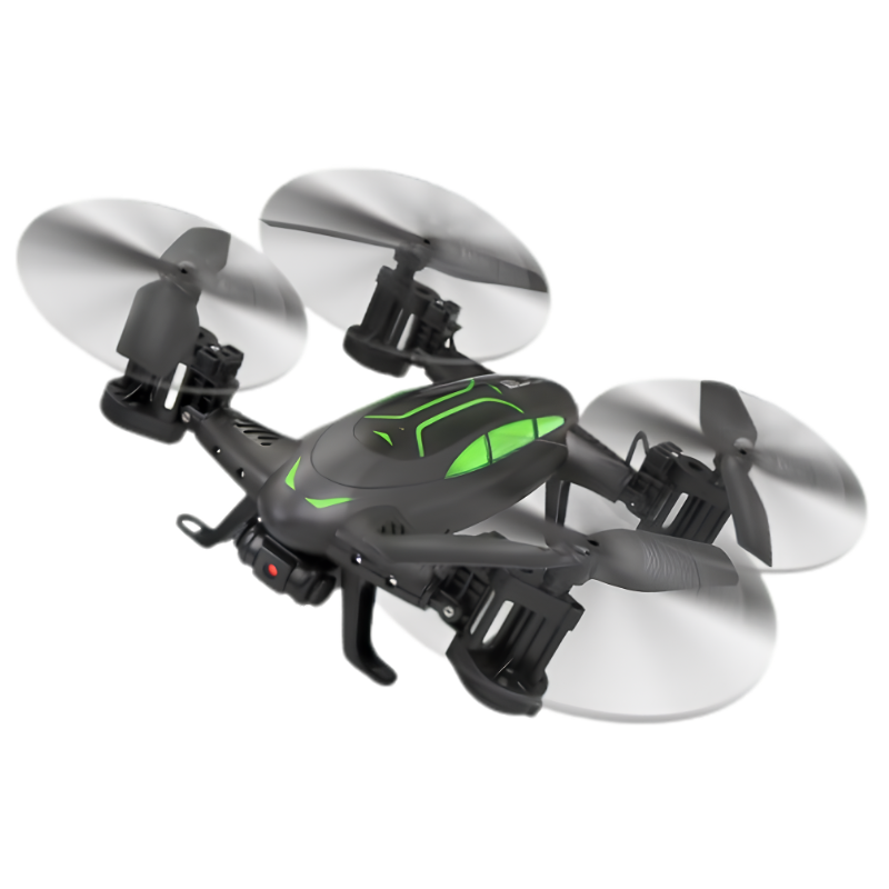 Drone RC 2 in 1 aereo e auto con ruote, quadricottero 4CH 6 assi HD, design nero e verde con rotazione eliche.