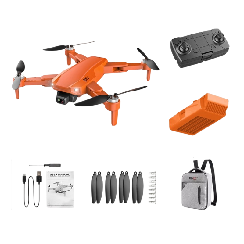 Drone arancione con kamera doppia HD, telecomando, batteria, ventole e custodia. Giocattolo con telecomando per sviluppo visivo e motricità.