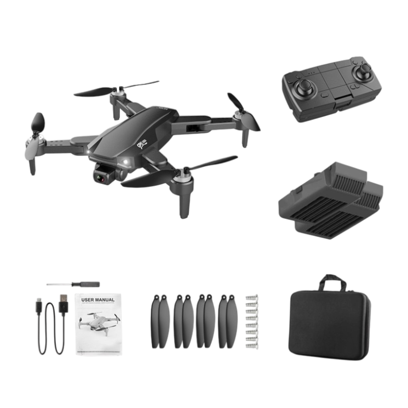 Drone giocattolo con doppia camera HD, remote control, 2 batterie, eliche e custodia black.