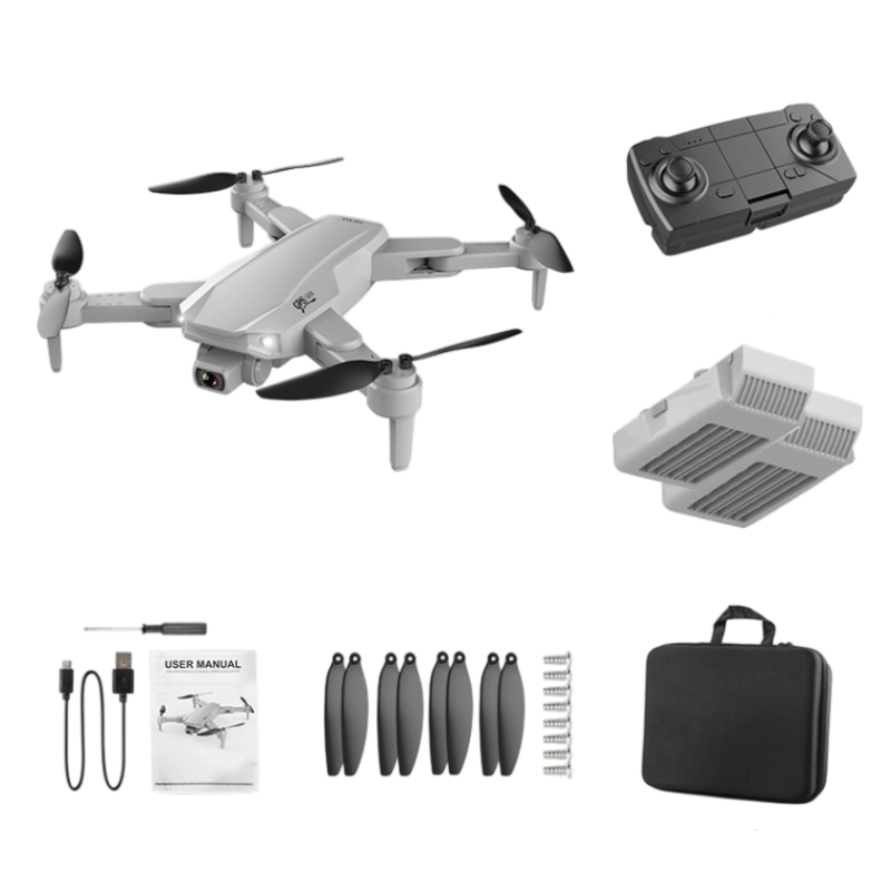 Drone pieghevole con doppio camera HD, telecomando, batterie, eliche e custodia nera. Drone giocattolo per sviluppo cognitivo e coordinazione occhio-mano.