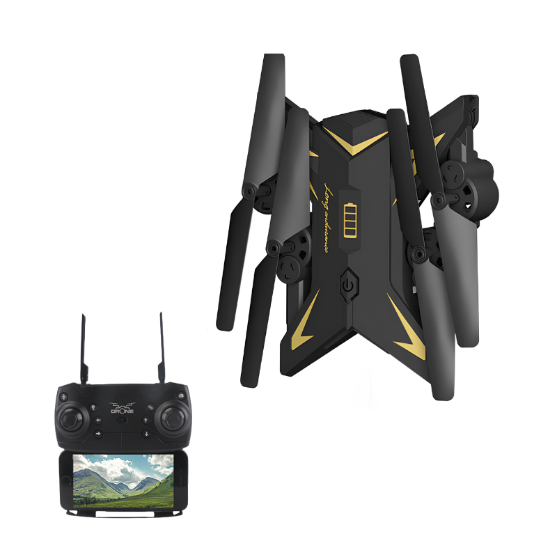 Drone nero e oro piegabile con camera HD 1080P, telecomando FPV e schermo per selfie, ideale per voli a lungo raggio.