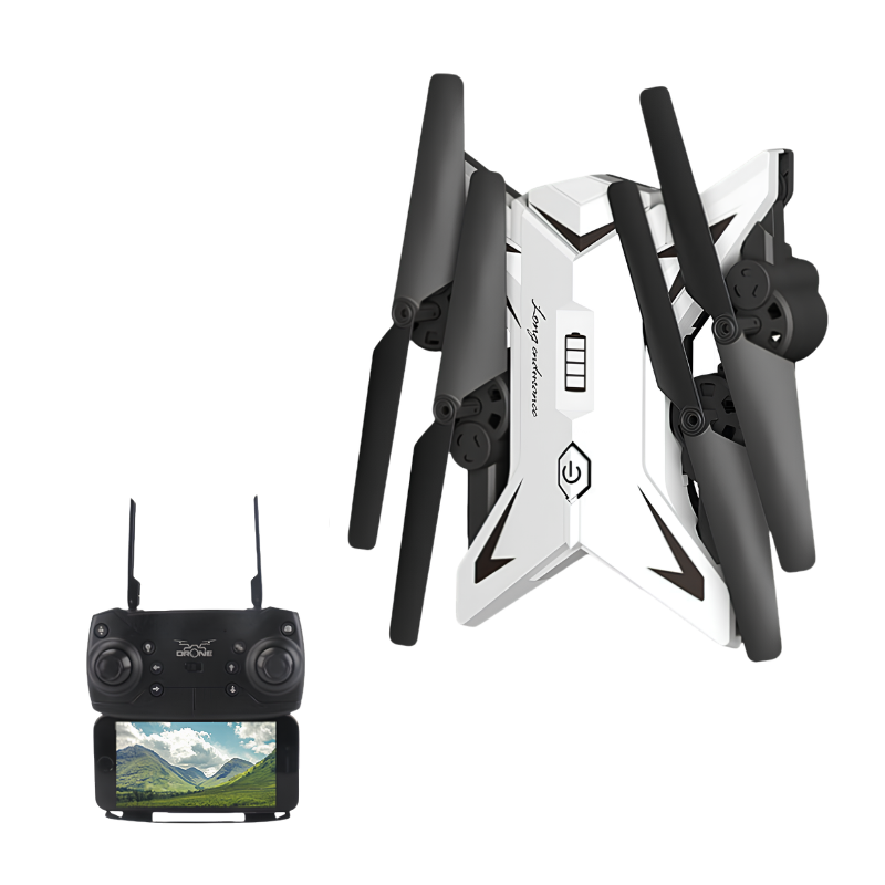 Drone bianco piegabile con camera HD 1080P e telecomandatore con schermo integrato, ideale per FPV e selfie aerei.