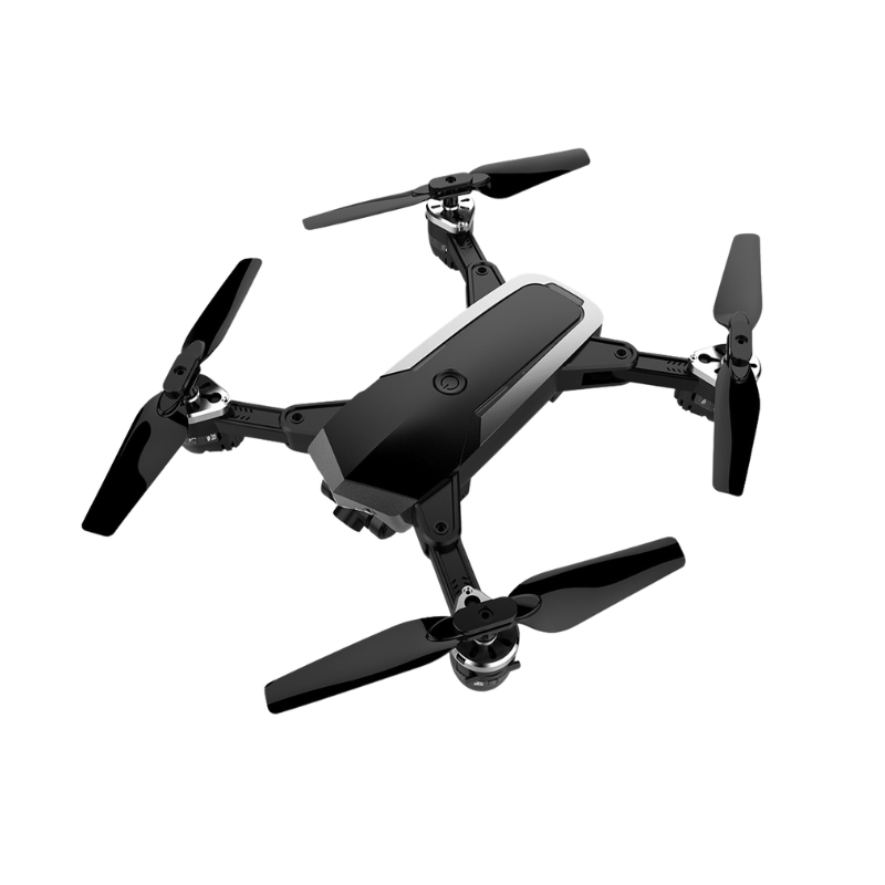Drone quadricottero nero con camera HD, lungo raggio d'azione e configurazione WiFi per fotografia aerea.
