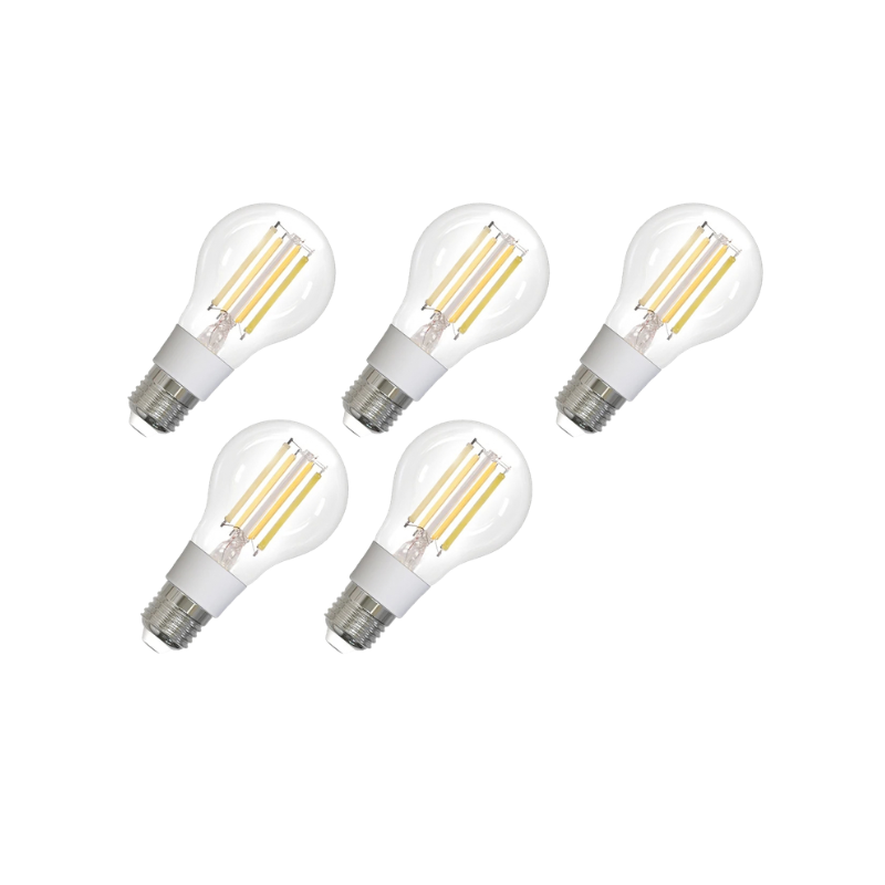 Set di cinque lampadine LED con filamento ZigBee E27, dimmerabili e regolabili in temperatura colore, compatibili con app e comandi vocali.