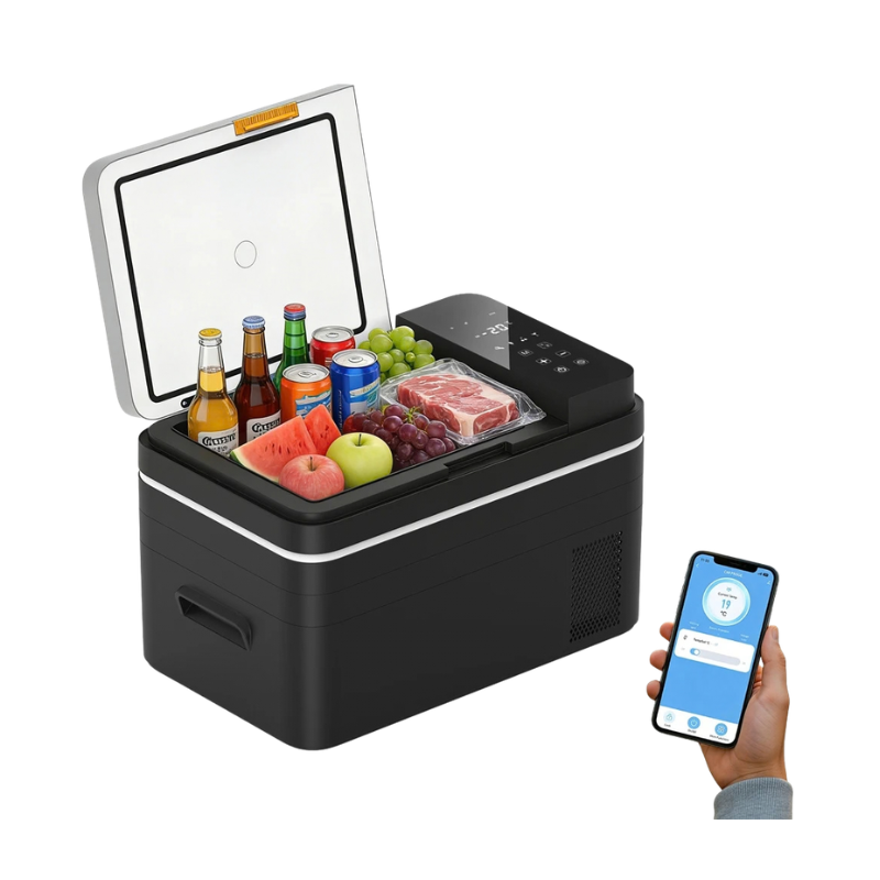 Mini frigorifero portatile con compressore elettrico, capacità 20-30L, controllo via app smartphone. Ideale per camping, travel e uso-domestico.