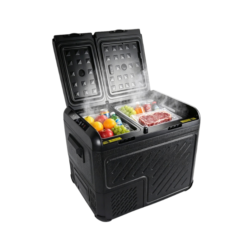 Frigorifero portatile nero con compressore, schermo touch e doppia apertura, contenente frutta, bevande e carne, ideale per camping e auto.