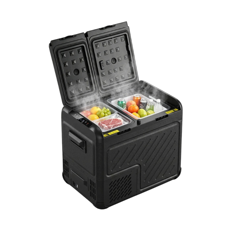Frigorifero portatile con compressore AC e schermo touch, capacità 35L-55L, ideale per camping, auto e viaggi, con protezione bassa tensione.