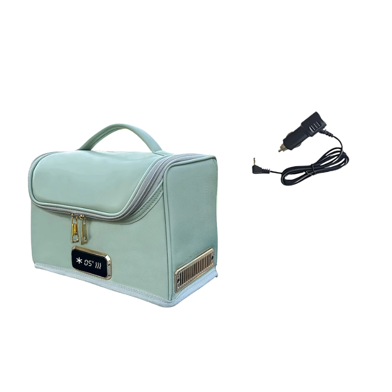 Borsa frigo portatile verde menta con display temperatura e alimentatore auto, ideale per cosmetici e farmaci.