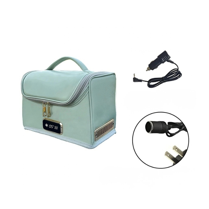 Borsa frigorifero portatile verde per auto, con display digitale temperatura, manico e alimentatori 12V/220V per cosmetici e farmaci.