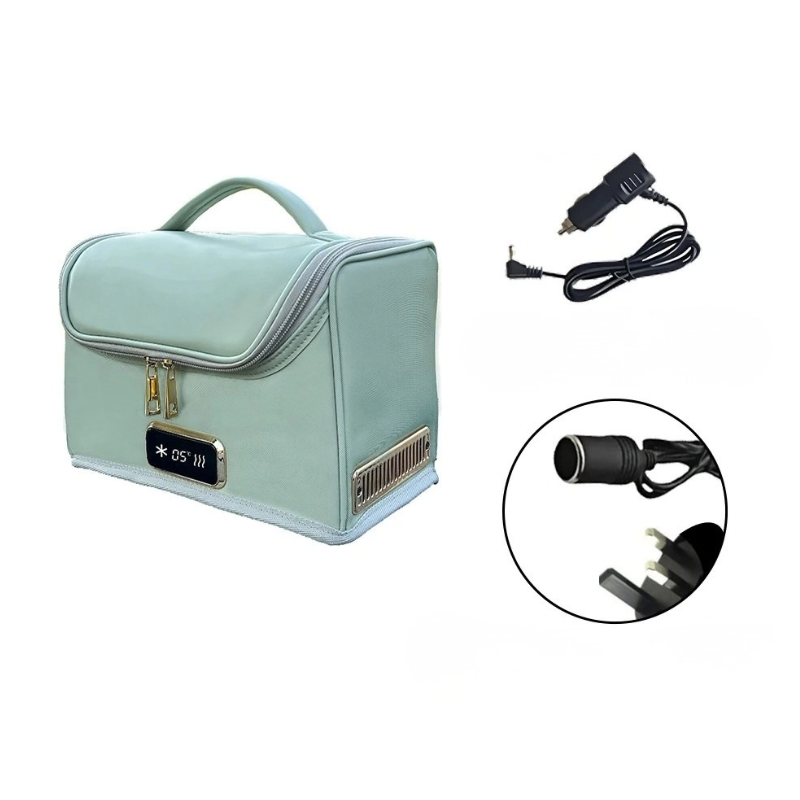 Borsa frigorifero portatile verde con display digitale, alimentazione 12V/220V per auto e casa, ideale per cosmetici e farmaci.
