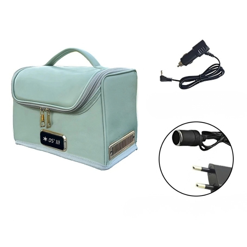 Borsa frigo elettrica portatile verde acqua con display digitale, alimentazione 12V/220V e manico, ideale per cosmetici e medicine in auto.