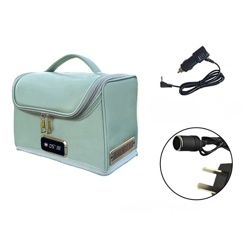 Borsa frigo portatile verde acqua per auto, con display digitale, manico e cavi di alimentazione 12V/220V per cosmetici e medicine.