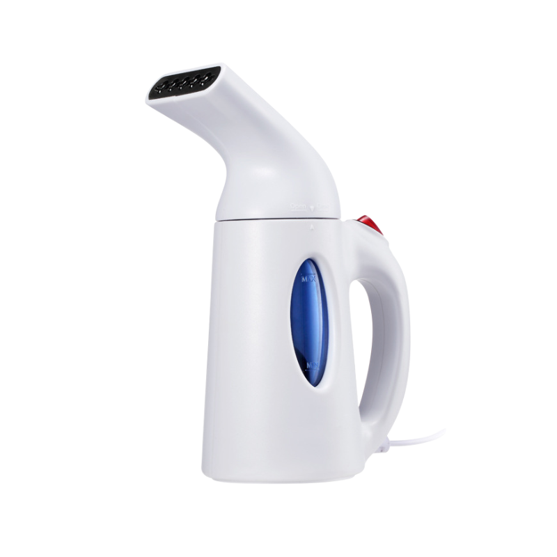Steamer portatile bianco con serbatoio blu e ugello a 5 fori. Rimuove le pieghe facilmente con vapore continuo e design ergonomico.