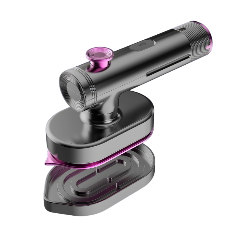 Vaporizzatore portatile grayscale con accenti viola, ideali per stiratura rapida a USB. Comodi da usare in casa.