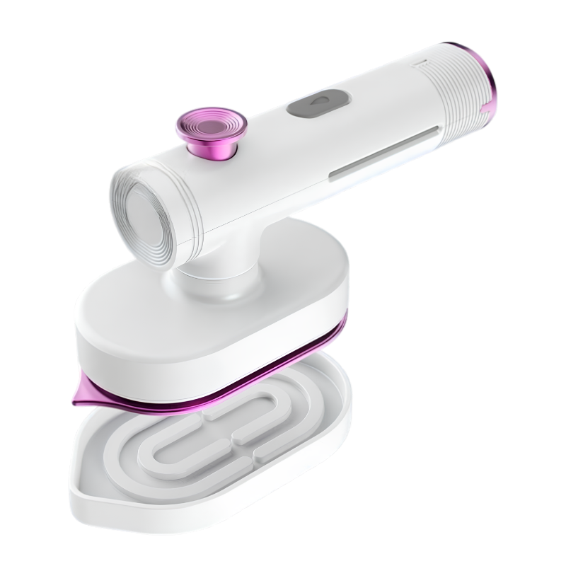 Steamer portatile bianco e viola con base di ricarica, ferretto elettrico USB a vapore domestico compatto.