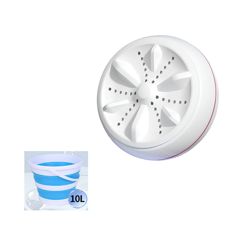 Mini lavatrice portatile bianca con turbina, USB 5V e bucket piegabile 10L, ideale per lavanderia compatta.