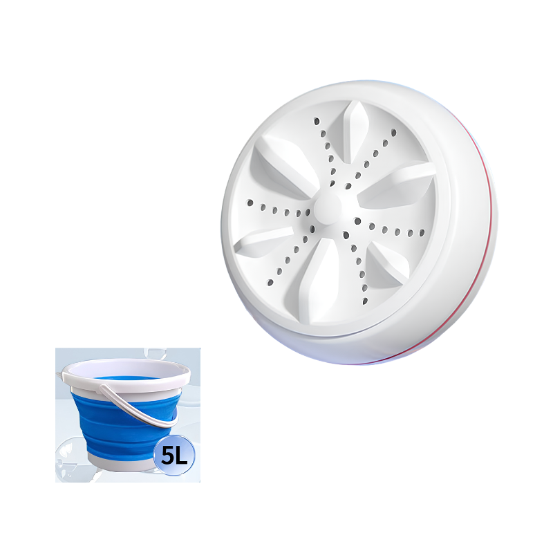 Mini lavatrice portatile con turbina bianca, ricarica USB e bacchetta pieghevole blu da 5L per lavaggio pratico e compatto.