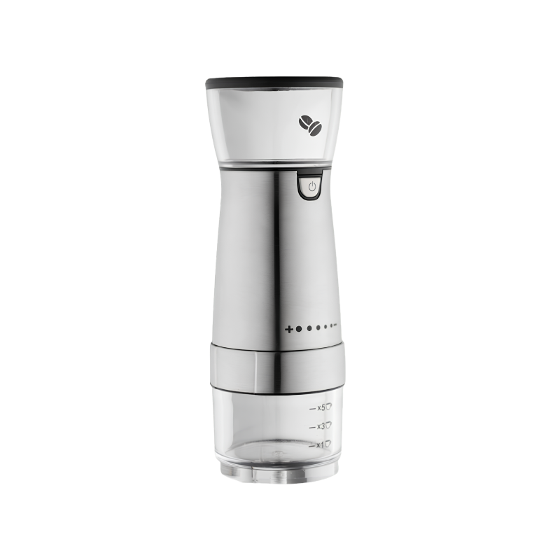 Macina caffè elettrico in acciaio inox, ricaricabile USB, portatile con 5 velocità regolabili e contenitori trasparenti.