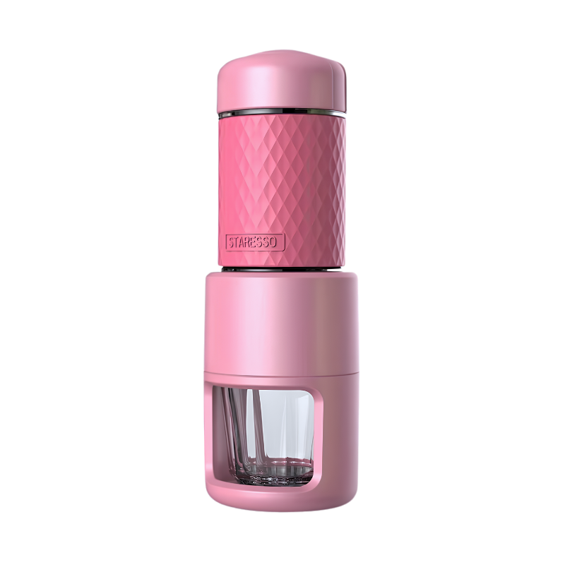 Macchina espresso portatile manuale rosa con finitura a rombi, design silenzioso e components in acciaio inox.