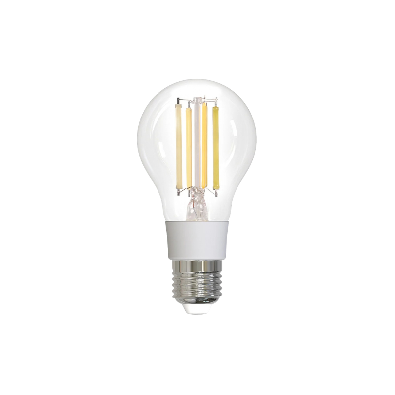 Lampadina LED filamento ZigBee E27, 7W, temperatura colore regolabile 2700K-6500K, dimmerabile e controllabile tramite app o comandi vocali.