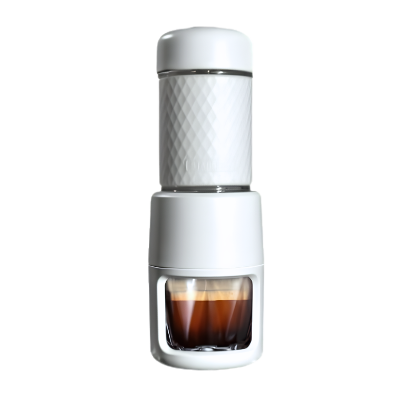 Macchina espresso manuale portatile bianca, design silenzioso con asta in acciaio inox e filtro trasparente.
