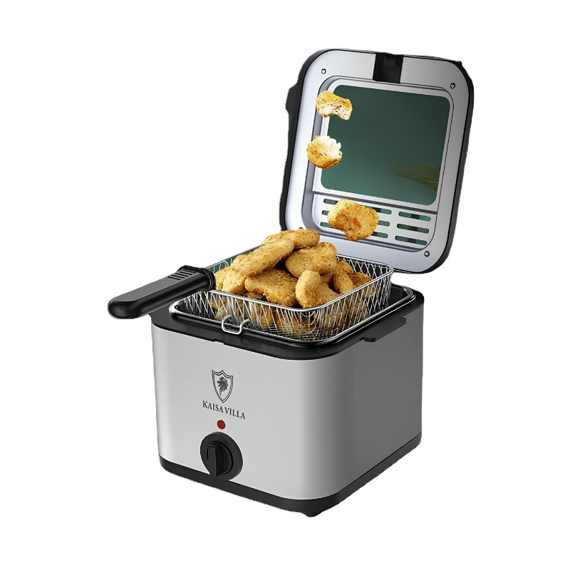 Frittella elettrica in acciaio inox 2.5L con篮子 metallo e coperchio trasparente, pronta per cibi fritti dorati.