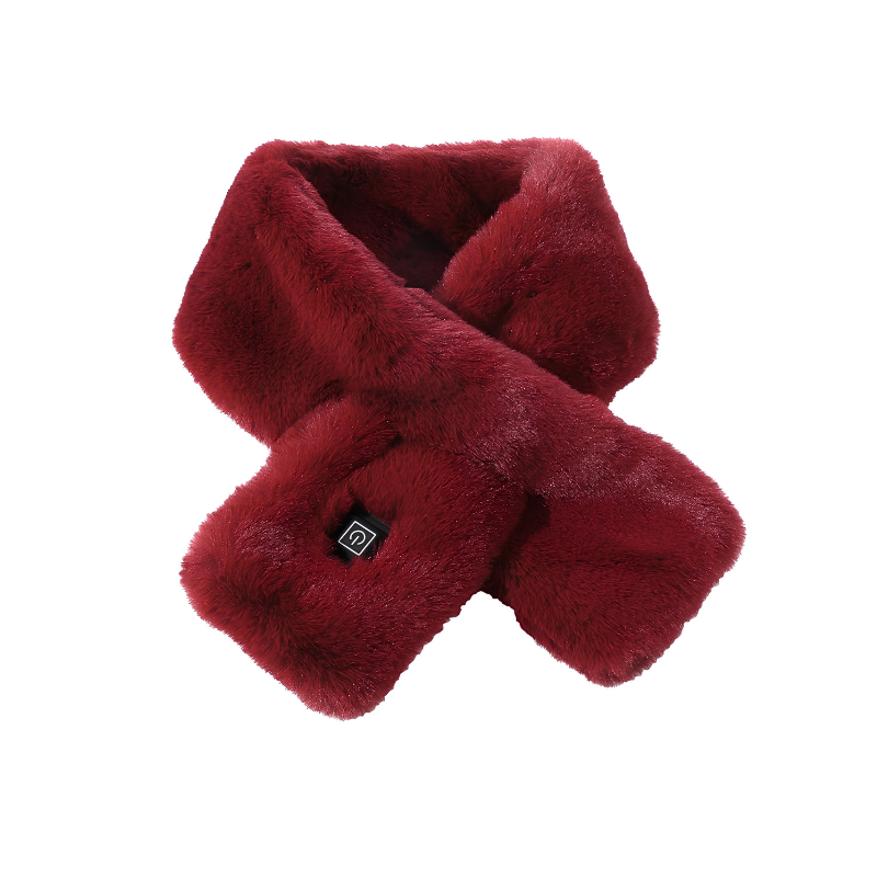 Scaldacollo elettrico USB rosso con tessuto morbido e pulsante per controllo a 3 temperature e sollievo dal dolore cervicale.