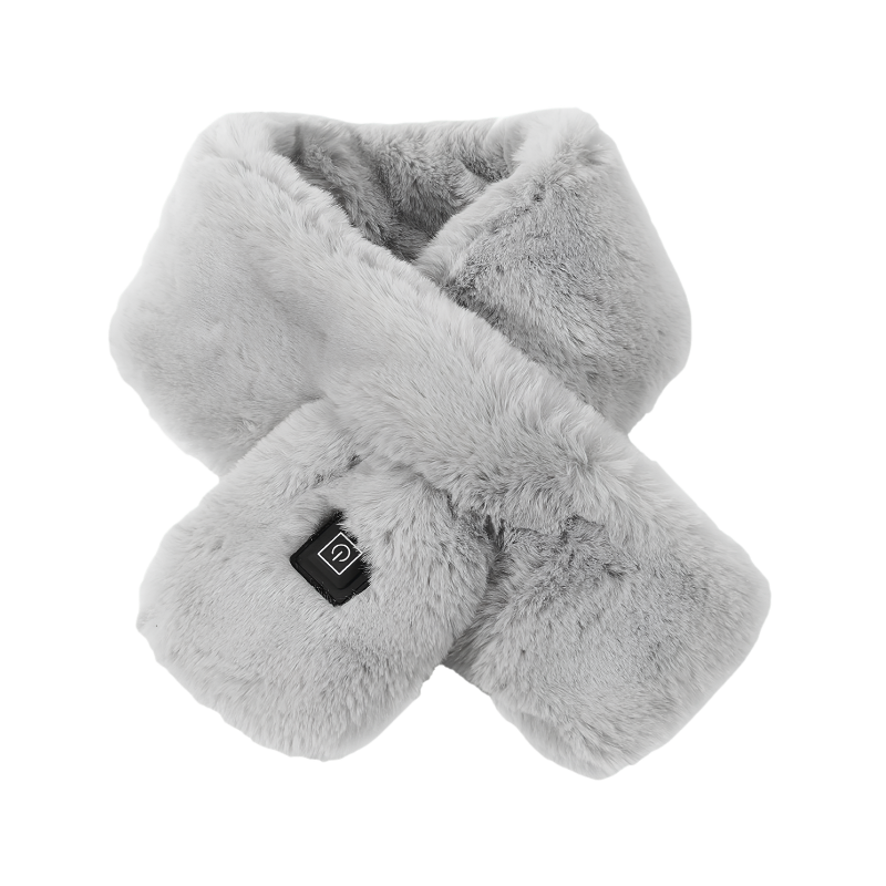 Sciarpa elettrica grigia in peluche con controllo temperatura USB, riscaldante per collo e sollievo dal dolore.