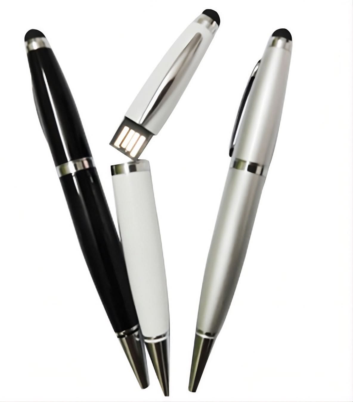 Set di tre penne 3 in 1: stilo touch screen, USB da 32GB e penna a sfera, in vinile impermeabile.