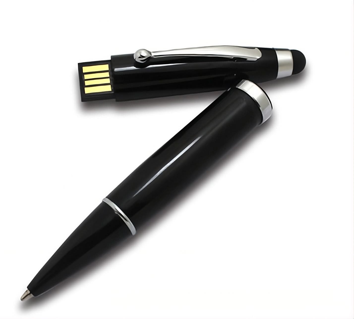 Penna 3 in 1 con USB da 32GB: stylus touchscreen, penna a sfera, chiavetta USB, rivestita in vinile nero impermeabile.