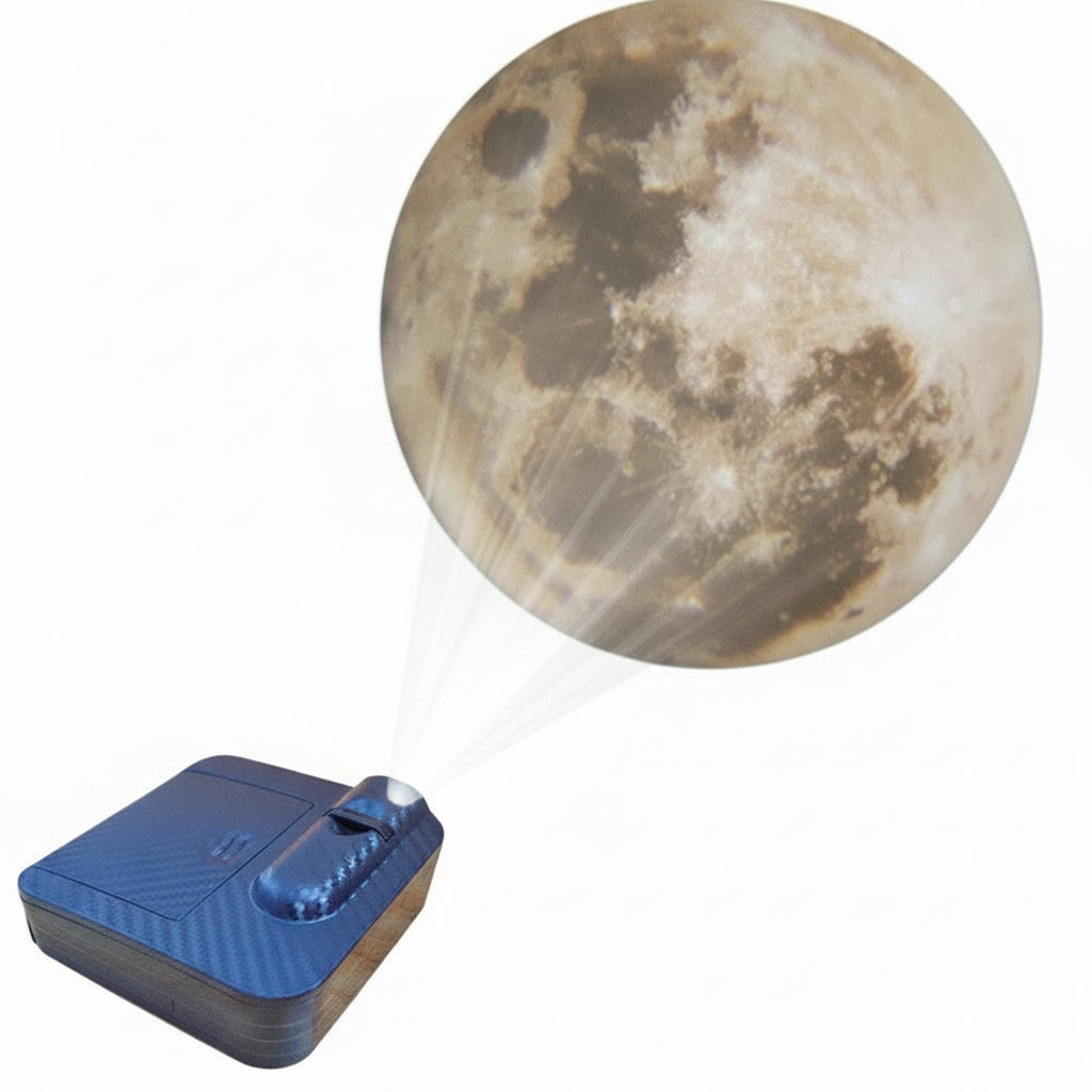 Lampada di proiezione Aurora Moon Galaxy: proietta luna piena, corpo nero in plastica, richiede 3xAAA, misura 6,1 cm.