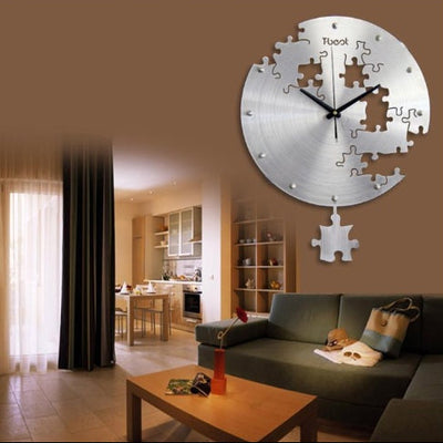 Orologio da parete circolare 16'' in metallo con pezzi puzzle, design moderno silenzioso per soggiorno o camera.