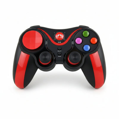 Controller di gioco mobile nero e rosso con pulsanti colorati, USB, senza vibrazione, compatibile con Android e iOS.