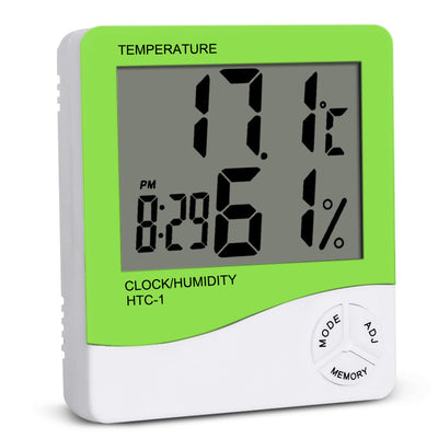Stazione meteo LCD HTC-1/HTC-2: temperatura e umidità, orologio 12/24h, allarme quotidiano, calendario, memoria min/max