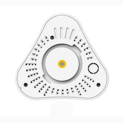 Telecamera di sicurezza domestica panoramica 3D a forma di disco volante bianco, base con lente centrale.