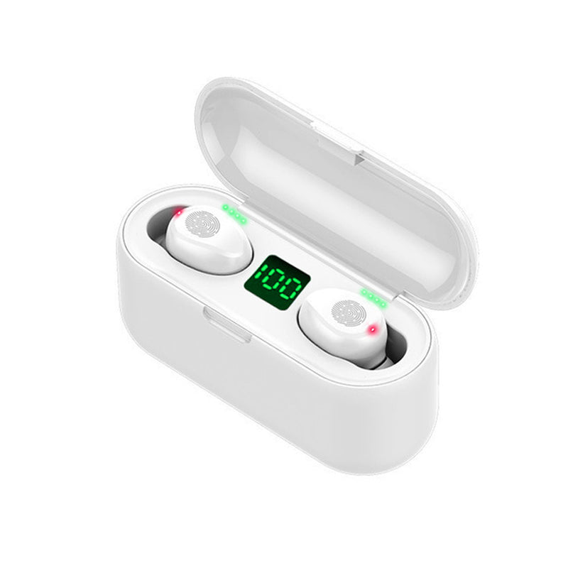 Auricolari sport wireless Bluetooth impermeabili con custodia e display LED verde.