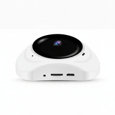 Telecamera di sicurezza per smart home, design a UFO con lente panoramica 3D e corpo bianco.