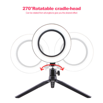 Anello LED da 26 cm su treppiede con testa a snodo 270°.