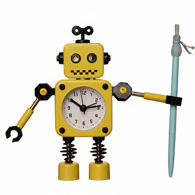 Orologio sveglia robot deformato giallo, stile cartone, piccolo per studio e casa, con matita.
